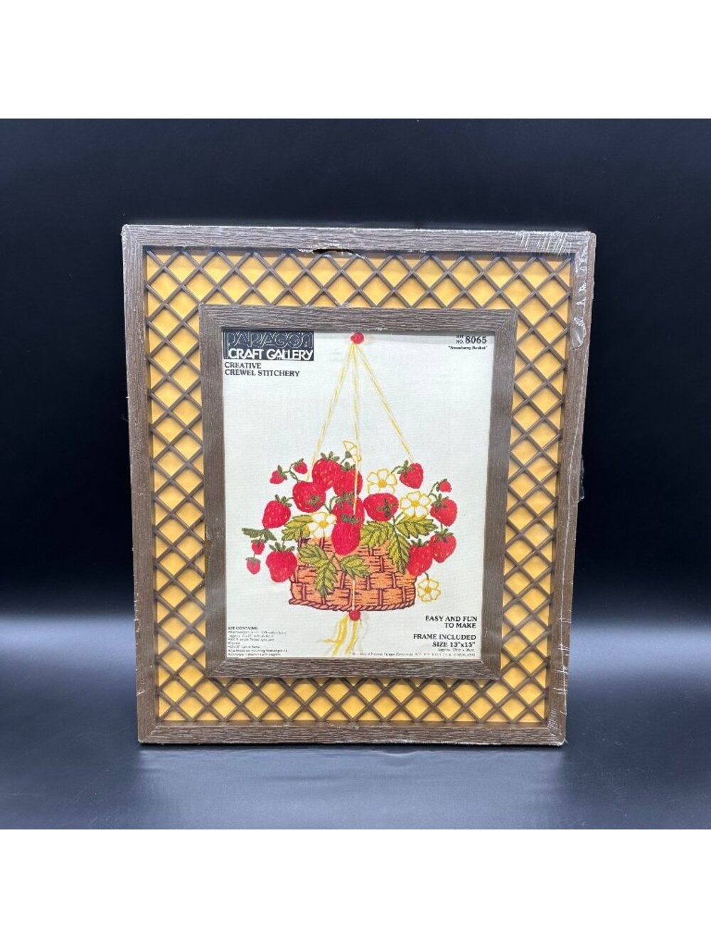 Vintage Crewel Stitchery Kit Strawberry Basket 80s Frame Paragon Crafting Retro